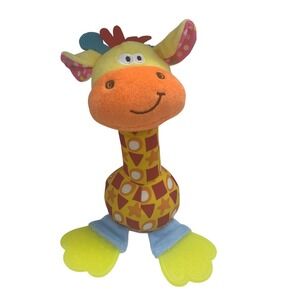 Happy Monkey Baby Giraffe Plush Rattle Teether Toy Yellow Orange Blue 0M+